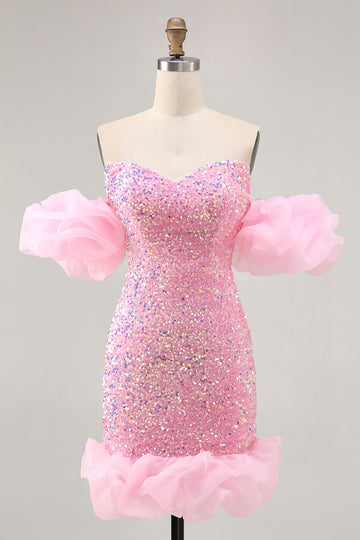Sparkly Off The Shoulder Pink Sequins Tight Cocktail Dress